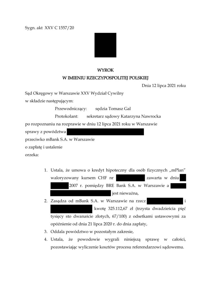 wyrok unieważniający umowę kredytu frankowego klienta z mbank