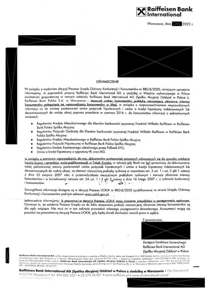 oswiadczenie banku w zw. z dec. Prezesa UOKiK